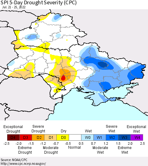 Ukraine, Moldova and Belarus SPI 5-Day Drought Severity (CPC) Thematic Map For 7/21/2022 - 7/25/2022