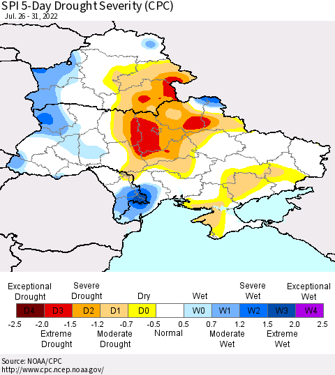 Ukraine, Moldova and Belarus SPI 5-Day Drought Severity (CPC) Thematic Map For 7/26/2022 - 7/31/2022