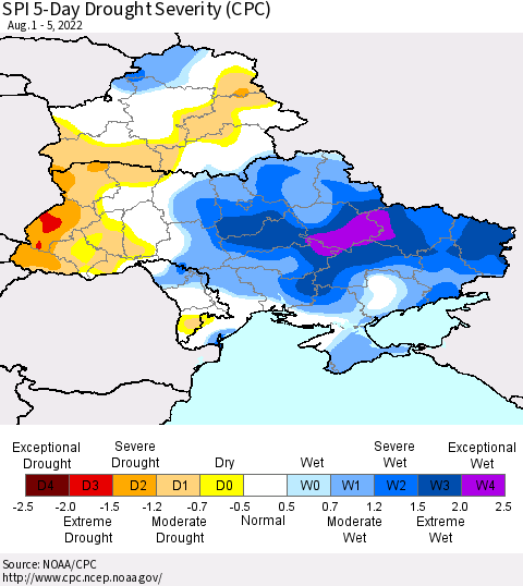 Ukraine, Moldova and Belarus SPI 5-Day Drought Severity (CPC) Thematic Map For 8/1/2022 - 8/5/2022