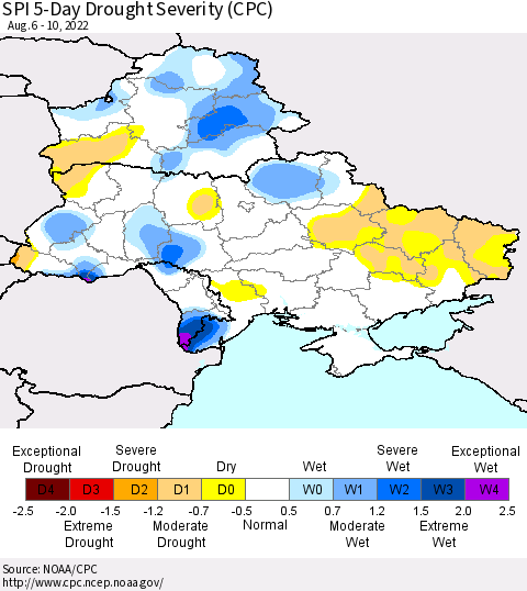 Ukraine, Moldova and Belarus SPI 5-Day Drought Severity (CPC) Thematic Map For 8/6/2022 - 8/10/2022