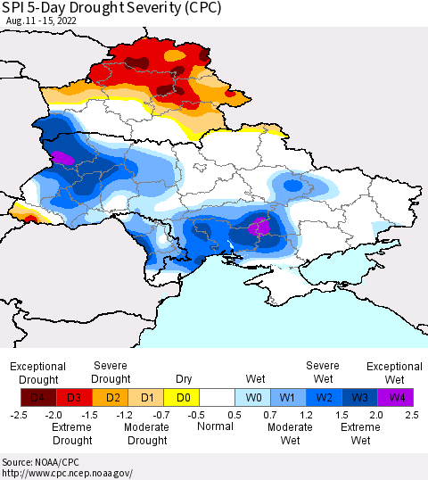 Ukraine, Moldova and Belarus SPI 5-Day Drought Severity (CPC) Thematic Map For 8/11/2022 - 8/15/2022