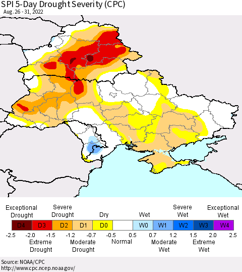 Ukraine, Moldova and Belarus SPI 5-Day Drought Severity (CPC) Thematic Map For 8/26/2022 - 8/31/2022