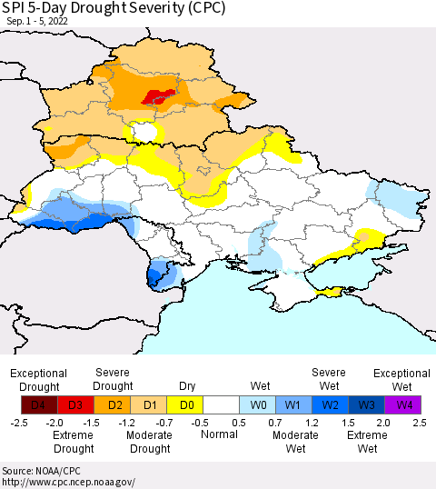 Ukraine, Moldova and Belarus SPI 5-Day Drought Severity (CPC) Thematic Map For 9/1/2022 - 9/5/2022