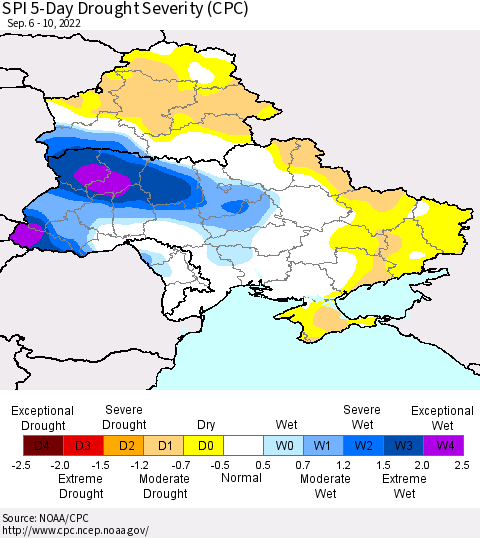 Ukraine, Moldova and Belarus SPI 5-Day Drought Severity (CPC) Thematic Map For 9/6/2022 - 9/10/2022