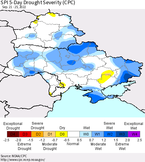 Ukraine, Moldova and Belarus SPI 5-Day Drought Severity (CPC) Thematic Map For 9/21/2022 - 9/25/2022