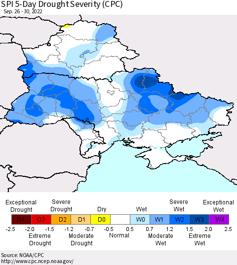 Ukraine, Moldova and Belarus SPI 5-Day Drought Severity (CPC) Thematic Map For 9/26/2022 - 9/30/2022