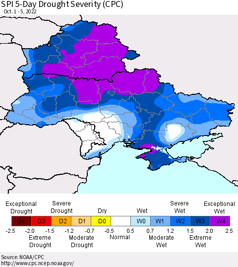 Ukraine, Moldova and Belarus SPI 5-Day Drought Severity (CPC) Thematic Map For 10/1/2022 - 10/5/2022