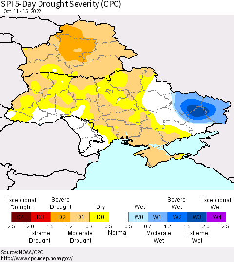 Ukraine, Moldova and Belarus SPI 5-Day Drought Severity (CPC) Thematic Map For 10/11/2022 - 10/15/2022