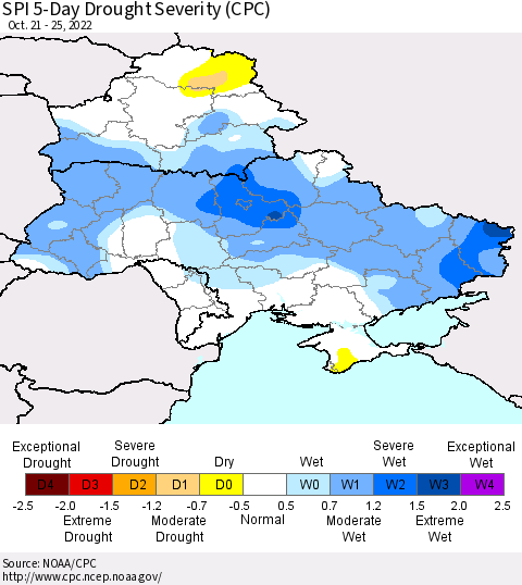 Ukraine, Moldova and Belarus SPI 5-Day Drought Severity (CPC) Thematic Map For 10/21/2022 - 10/25/2022