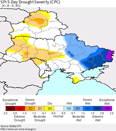 Ukraine, Moldova and Belarus SPI 5-Day Drought Severity (CPC) Thematic Map For 10/26/2022 - 10/31/2022