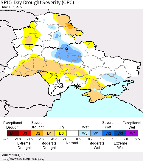 Ukraine, Moldova and Belarus SPI 5-Day Drought Severity (CPC) Thematic Map For 11/1/2022 - 11/5/2022