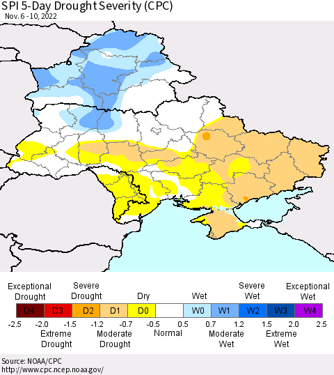 Ukraine, Moldova and Belarus SPI 5-Day Drought Severity (CPC) Thematic Map For 11/6/2022 - 11/10/2022