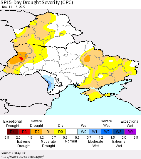 Ukraine, Moldova and Belarus SPI 5-Day Drought Severity (CPC) Thematic Map For 11/11/2022 - 11/15/2022