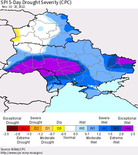 Ukraine, Moldova and Belarus SPI 5-Day Drought Severity (CPC) Thematic Map For 11/16/2022 - 11/20/2022