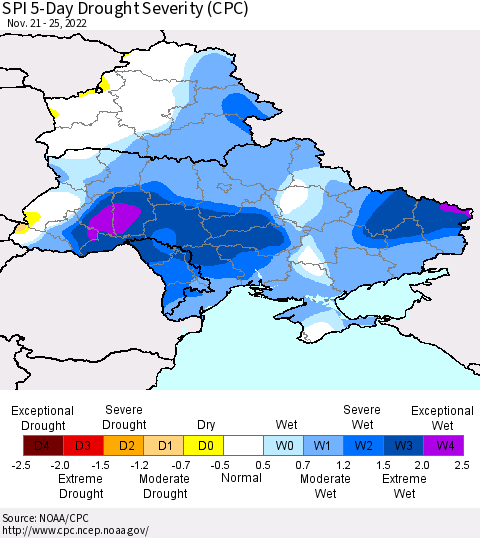 Ukraine, Moldova and Belarus SPI 5-Day Drought Severity (CPC) Thematic Map For 11/21/2022 - 11/25/2022