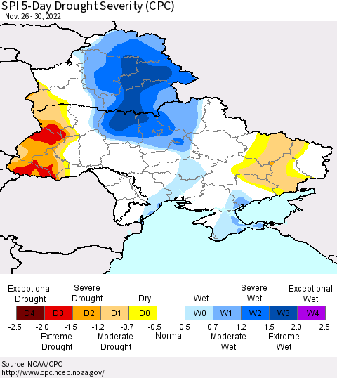 Ukraine, Moldova and Belarus SPI 5-Day Drought Severity (CPC) Thematic Map For 11/26/2022 - 11/30/2022