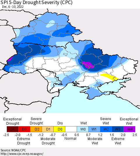 Ukraine, Moldova and Belarus SPI 5-Day Drought Severity (CPC) Thematic Map For 12/6/2022 - 12/10/2022