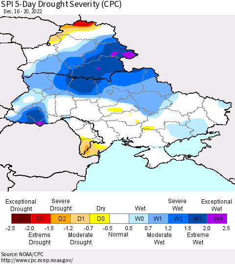 Ukraine, Moldova and Belarus SPI 5-Day Drought Severity (CPC) Thematic Map For 12/16/2022 - 12/20/2022