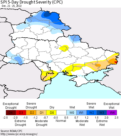 Ukraine, Moldova and Belarus SPI 5-Day Drought Severity (CPC) Thematic Map For 12/21/2022 - 12/25/2022
