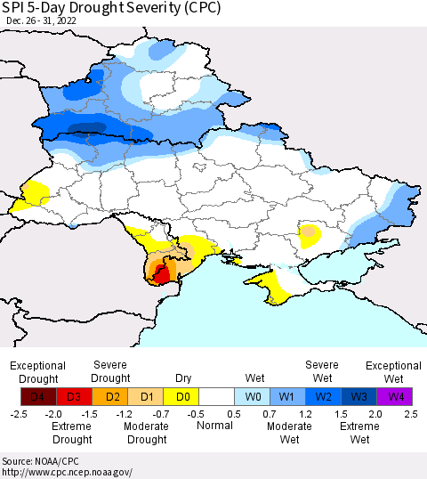 Ukraine, Moldova and Belarus SPI 5-Day Drought Severity (CPC) Thematic Map For 12/26/2022 - 12/31/2022