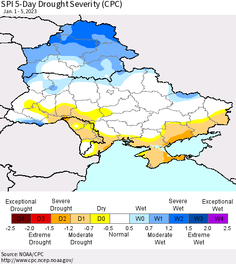 Ukraine, Moldova and Belarus SPI 5-Day Drought Severity (CPC) Thematic Map For 1/1/2023 - 1/5/2023