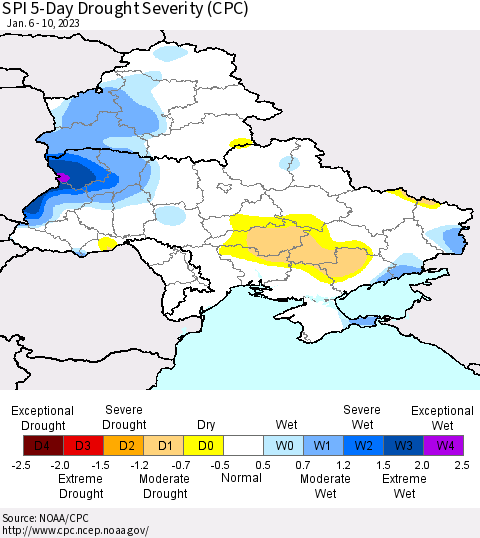 Ukraine, Moldova and Belarus SPI 5-Day Drought Severity (CPC) Thematic Map For 1/6/2023 - 1/10/2023