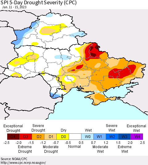 Ukraine, Moldova and Belarus SPI 5-Day Drought Severity (CPC) Thematic Map For 1/11/2023 - 1/15/2023