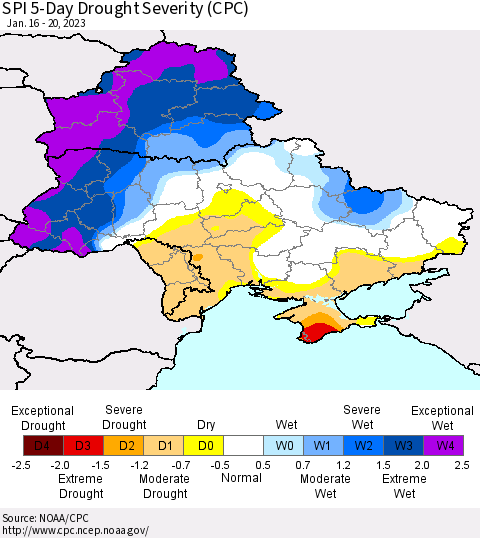 Ukraine, Moldova and Belarus SPI 5-Day Drought Severity (CPC) Thematic Map For 1/16/2023 - 1/20/2023