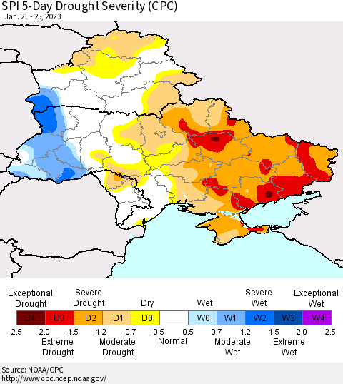 Ukraine, Moldova and Belarus SPI 5-Day Drought Severity (CPC) Thematic Map For 1/21/2023 - 1/25/2023