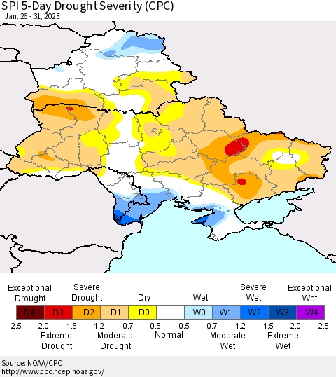 Ukraine, Moldova and Belarus SPI 5-Day Drought Severity (CPC) Thematic Map For 1/26/2023 - 1/31/2023