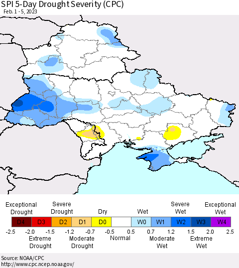 Ukraine, Moldova and Belarus SPI 5-Day Drought Severity (CPC) Thematic Map For 2/1/2023 - 2/5/2023