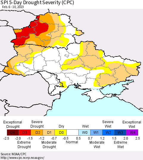Ukraine, Moldova and Belarus SPI 5-Day Drought Severity (CPC) Thematic Map For 2/6/2023 - 2/10/2023
