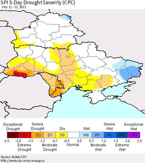 Ukraine, Moldova and Belarus SPI 5-Day Drought Severity (CPC) Thematic Map For 2/11/2023 - 2/15/2023