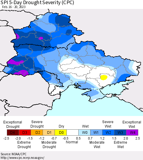 Ukraine, Moldova and Belarus SPI 5-Day Drought Severity (CPC) Thematic Map For 2/16/2023 - 2/20/2023