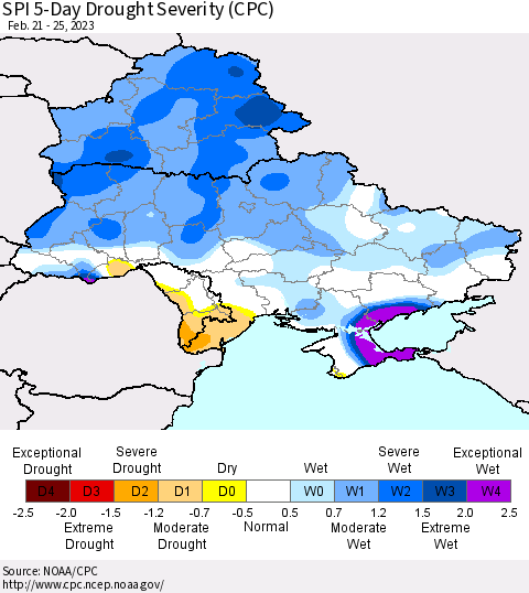 Ukraine, Moldova and Belarus SPI 5-Day Drought Severity (CPC) Thematic Map For 2/21/2023 - 2/25/2023
