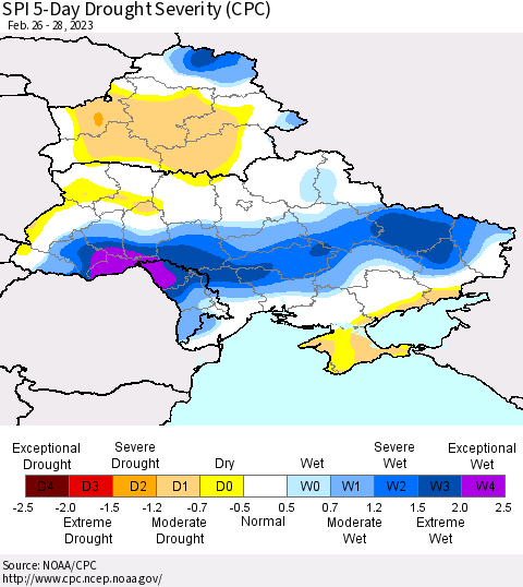 Ukraine, Moldova and Belarus SPI 5-Day Drought Severity (CPC) Thematic Map For 2/26/2023 - 2/28/2023