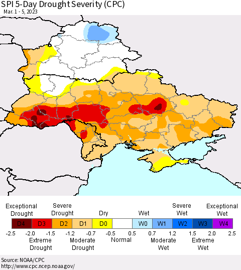 Ukraine, Moldova and Belarus SPI 5-Day Drought Severity (CPC) Thematic Map For 3/1/2023 - 3/5/2023