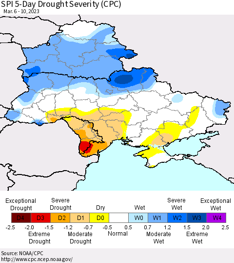 Ukraine, Moldova and Belarus SPI 5-Day Drought Severity (CPC) Thematic Map For 3/6/2023 - 3/10/2023