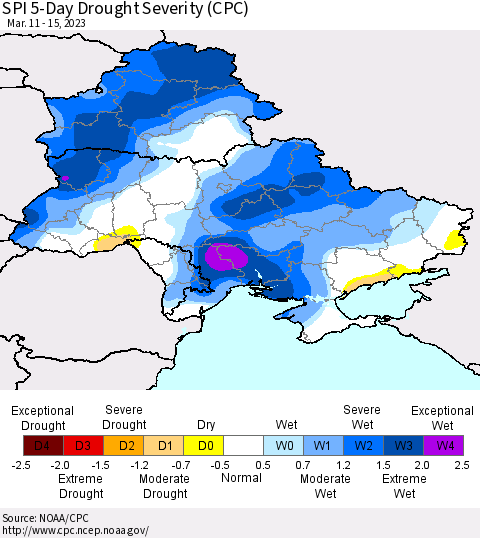 Ukraine, Moldova and Belarus SPI 5-Day Drought Severity (CPC) Thematic Map For 3/11/2023 - 3/15/2023