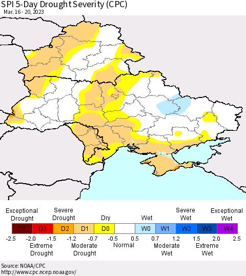 Ukraine, Moldova and Belarus SPI 5-Day Drought Severity (CPC) Thematic Map For 3/16/2023 - 3/20/2023