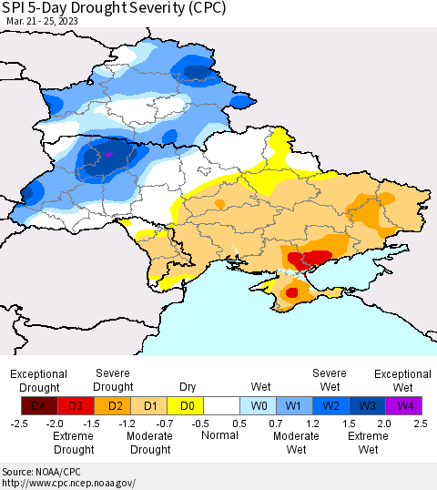 Ukraine, Moldova and Belarus SPI 5-Day Drought Severity (CPC) Thematic Map For 3/21/2023 - 3/25/2023