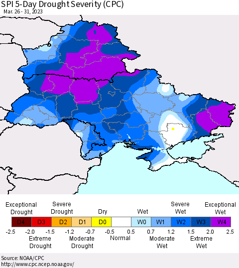 Ukraine, Moldova and Belarus SPI 5-Day Drought Severity (CPC) Thematic Map For 3/26/2023 - 3/31/2023