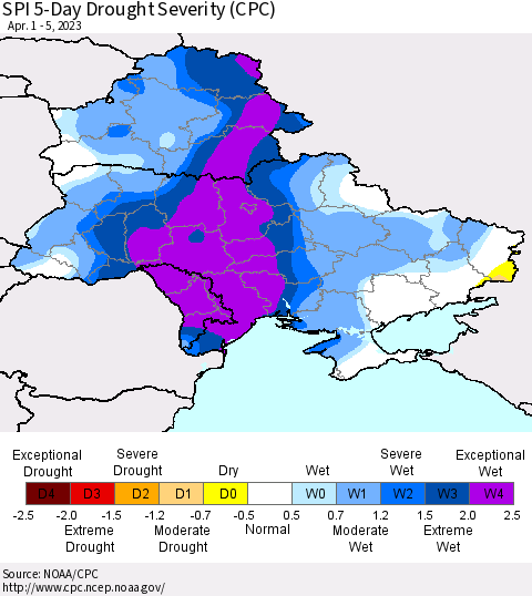 Ukraine, Moldova and Belarus SPI 5-Day Drought Severity (CPC) Thematic Map For 4/1/2023 - 4/5/2023