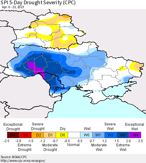 Ukraine, Moldova and Belarus SPI 5-Day Drought Severity (CPC) Thematic Map For 4/6/2023 - 4/10/2023