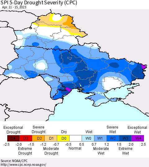 Ukraine, Moldova and Belarus SPI 5-Day Drought Severity (CPC) Thematic Map For 4/11/2023 - 4/15/2023