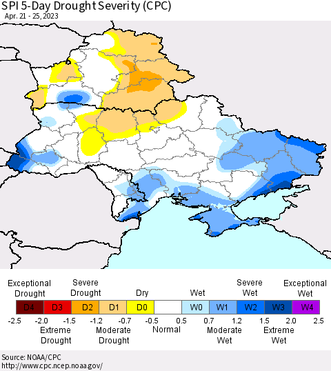 Ukraine, Moldova and Belarus SPI 5-Day Drought Severity (CPC) Thematic Map For 4/21/2023 - 4/25/2023