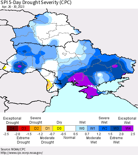 Ukraine, Moldova and Belarus SPI 5-Day Drought Severity (CPC) Thematic Map For 4/26/2023 - 4/30/2023