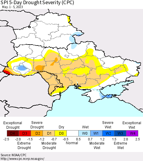 Ukraine, Moldova and Belarus SPI 5-Day Drought Severity (CPC) Thematic Map For 5/1/2023 - 5/5/2023