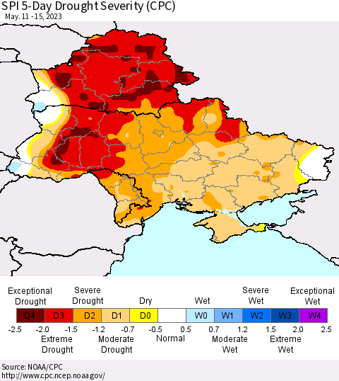 Ukraine, Moldova and Belarus SPI 5-Day Drought Severity (CPC) Thematic Map For 5/11/2023 - 5/15/2023