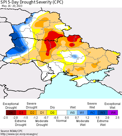 Ukraine, Moldova and Belarus SPI 5-Day Drought Severity (CPC) Thematic Map For 5/16/2023 - 5/20/2023